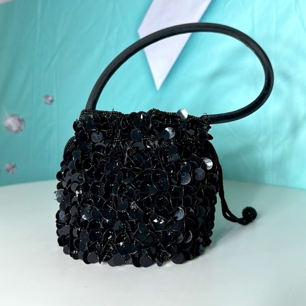 90s Y2K BEADS SEQUINS drawstring bucket bag. Evening bag Holiday dance like New - Picture 6 of 10